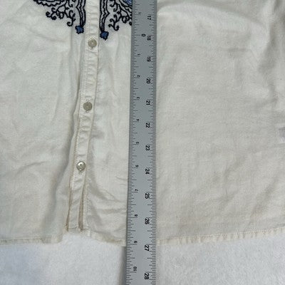 Converse One Star Womens Top Cream Blue Size L Boho Embroidered Button Down Shirt
