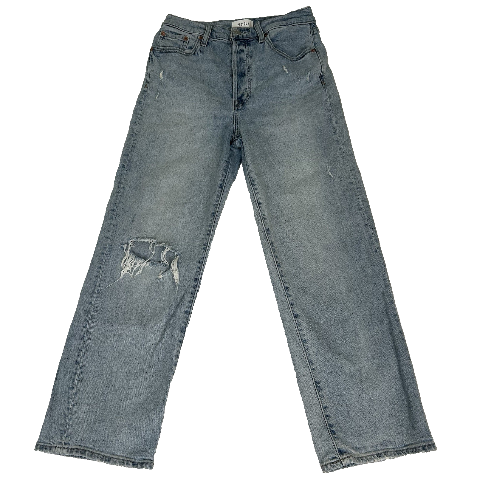 Pistola Jeans High Rise Distressed Straight Legs Size 27 Light Wash Organic Cotton
