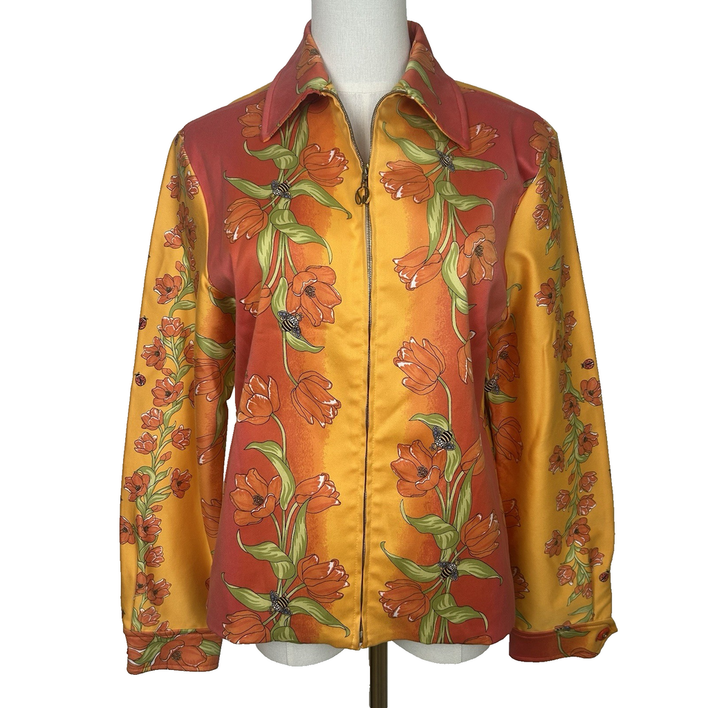 St John Sport by Marie Gray Jacket Size Small Orange Butterfly Floral Art to Wear