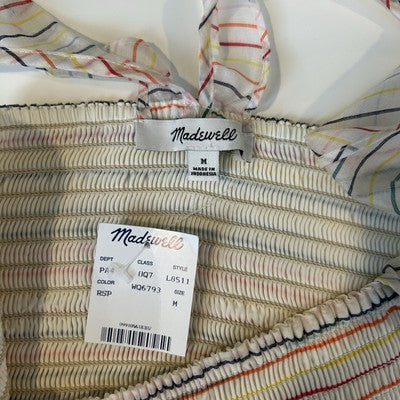 Madewell Womens Ruffle-Strap Smocked Airy Dress Size M Ivory Rainbow Stripes