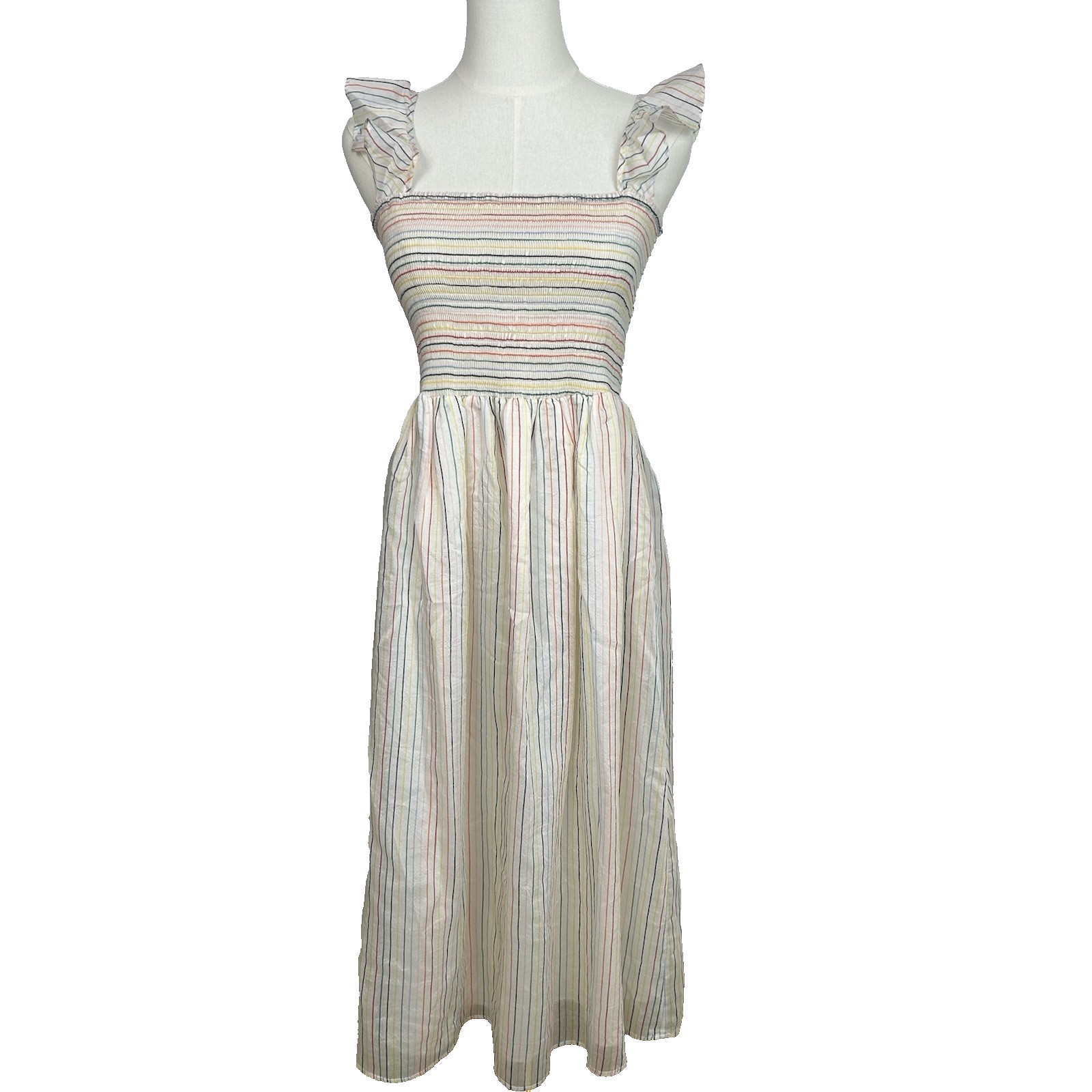 Madewell Womens Ruffle-Strap Smocked Airy Dress Size M Ivory Rainbow Stripes