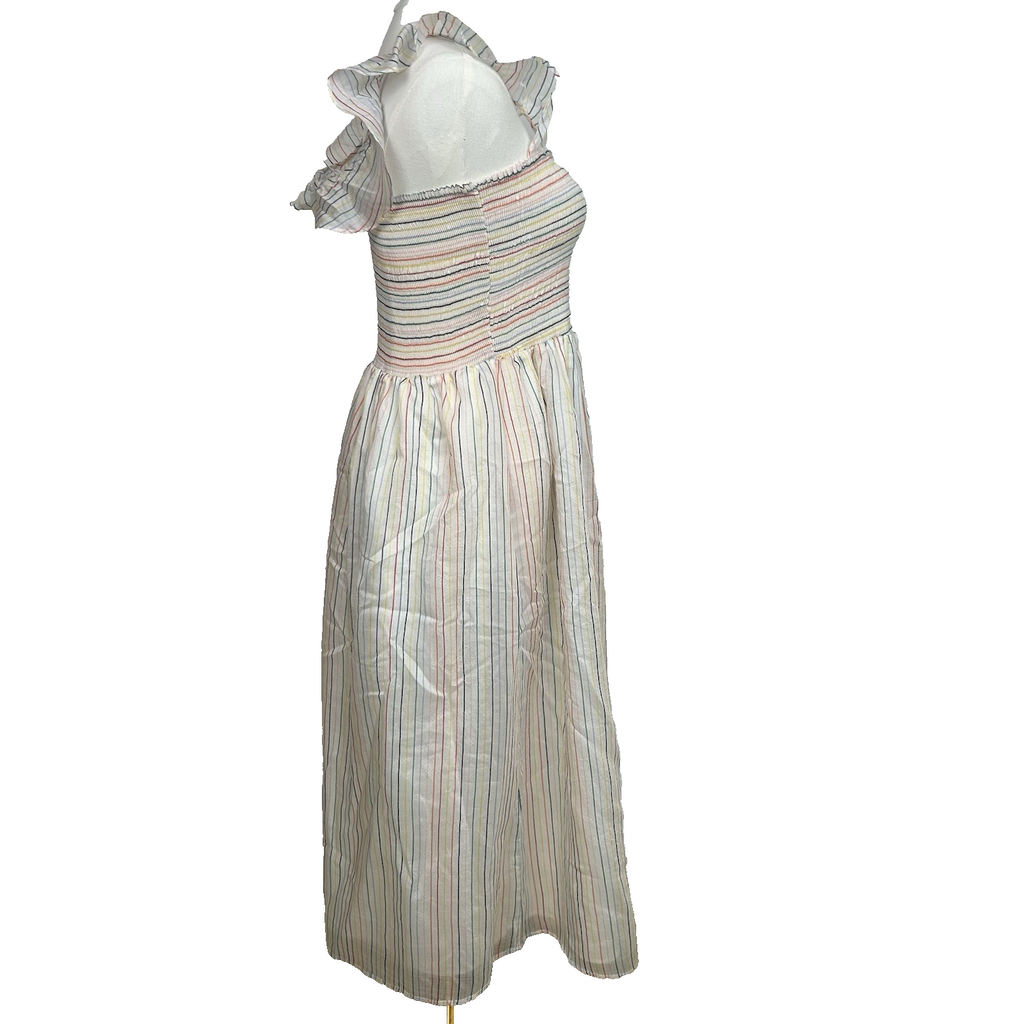 Madewell Womens Ruffle-Strap Smocked Airy Dress Size M Ivory Rainbow Stripes