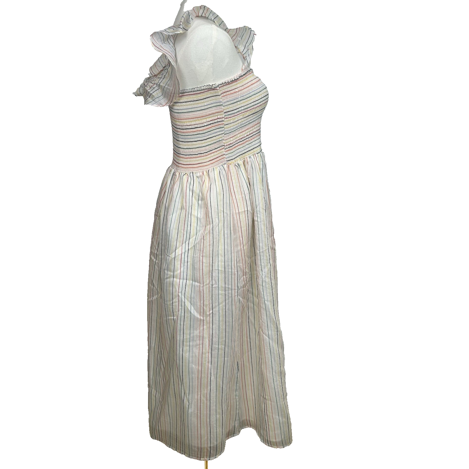 Madewell Womens Ruffle-Strap Smocked Airy Dress Size M Ivory Rainbow Stripes