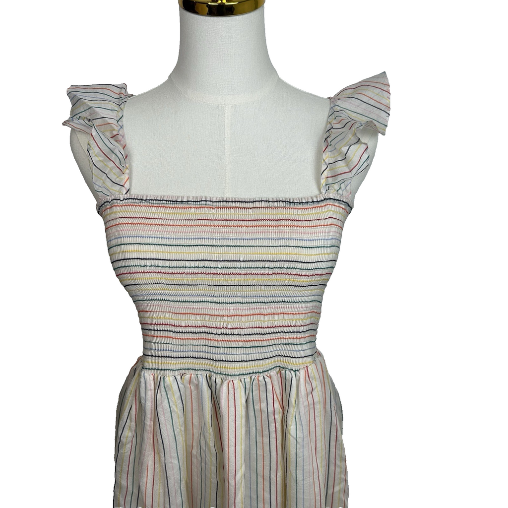 Madewell Womens Ruffle-Strap Smocked Airy Dress Size M Ivory Rainbow Stripes