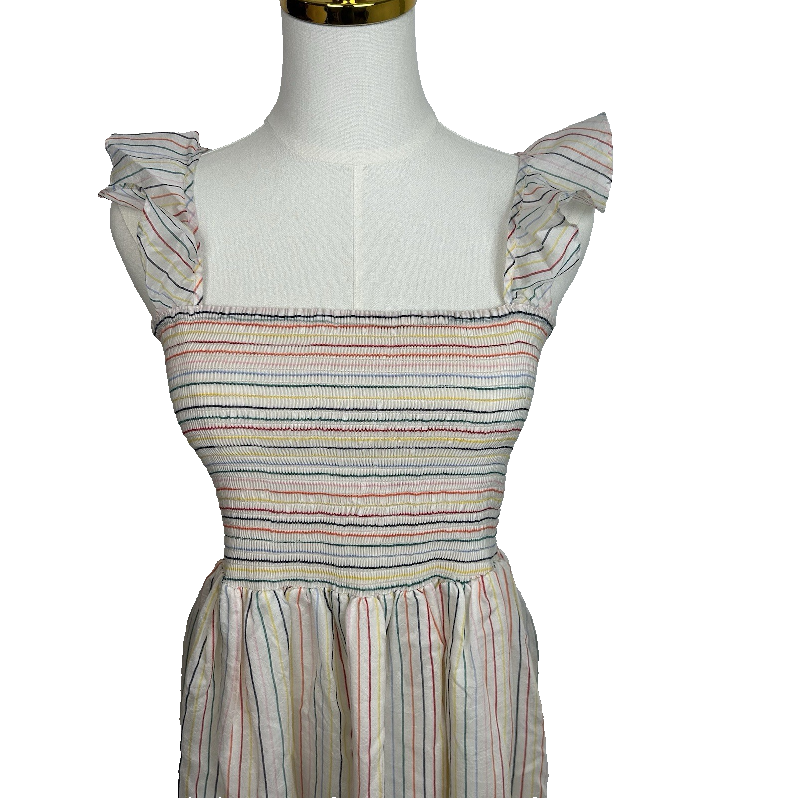 Madewell Womens Ruffle-Strap Smocked Airy Dress Size M Ivory Rainbow Stripes