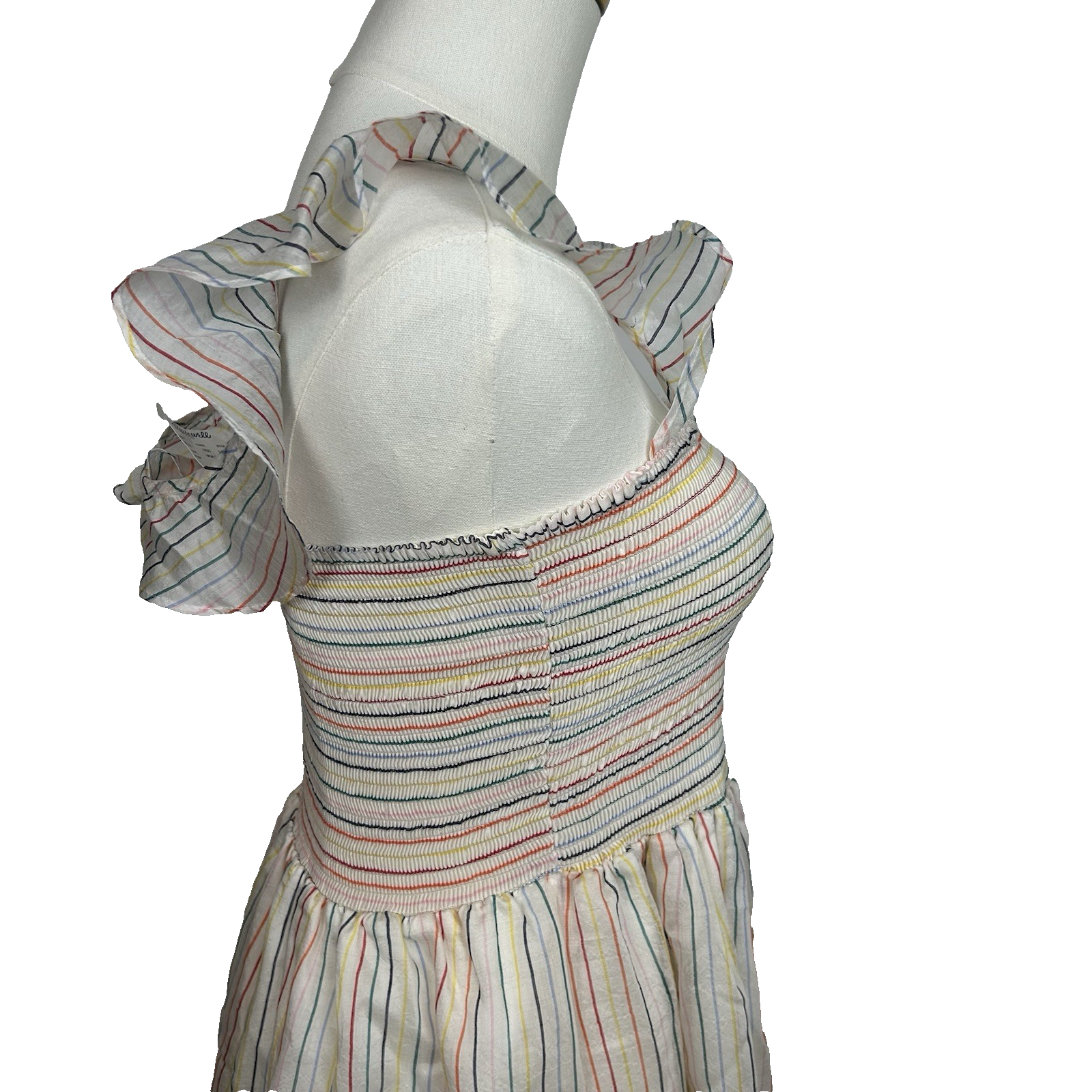 Madewell Womens Ruffle-Strap Smocked Airy Dress Size M Ivory Rainbow Stripes
