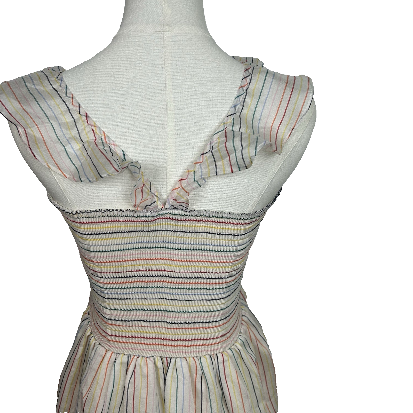 Madewell Womens Ruffle-Strap Smocked Airy Dress Size M Ivory Rainbow Stripes