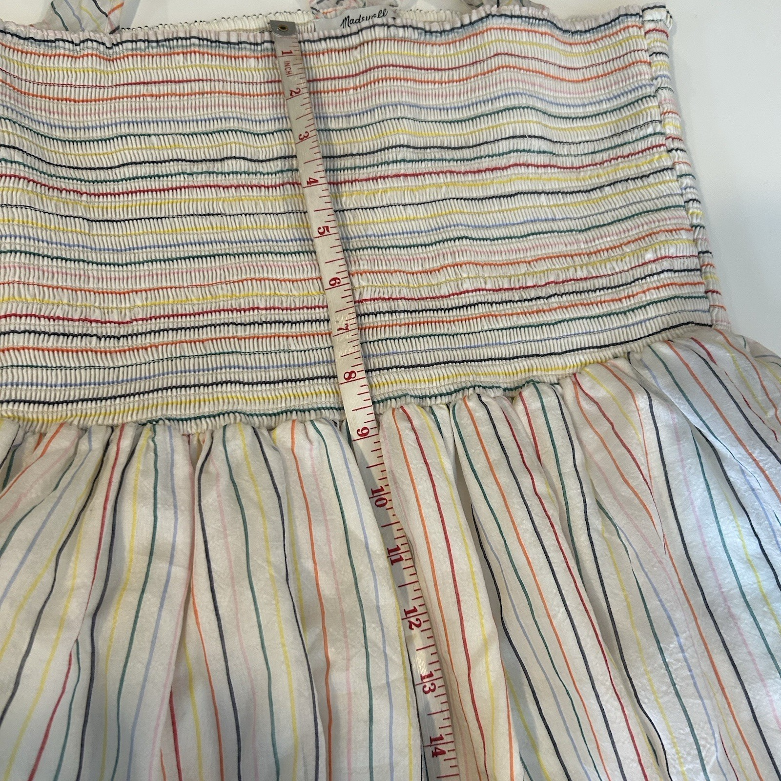 Madewell Womens Ruffle-Strap Smocked Airy Dress Size M Ivory Rainbow Stripes