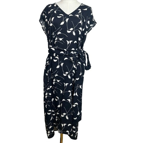 Ann Taylor Dress Womens Petite 8 Blue Wrap Floral Print Tie Waist Romantic Chic