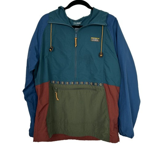 LLBean Jacket Mens Medium Green Color block Hooded Half Zip Outdoor Retro Sporty