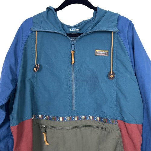 LLBean Jacket Mens Medium Green Color block Hooded Half Zip Outdoor Retro Sporty