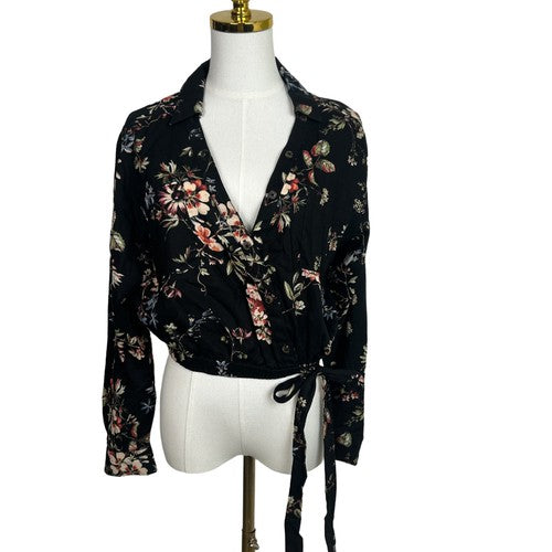 Anthropologie Pilcro Blouse Womens Top Black Size M Floral Waist-tie Cropped