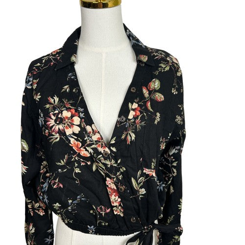 Anthropologie Pilcro Blouse Womens Top Black Size M Floral Waist-tie Cropped