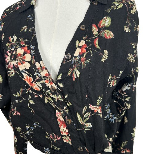 Anthropologie Pilcro Blouse Womens Top Black Size M Floral Waist-tie Cropped