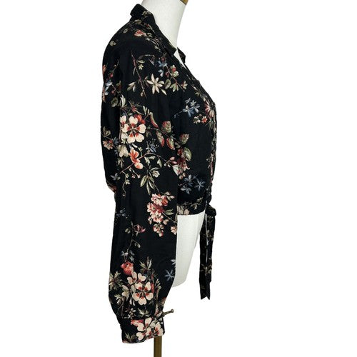 Anthropologie Pilcro Blouse Womens Top Black Size M Floral Waist-tie Cropped