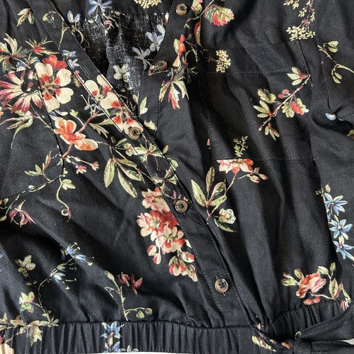 Anthropologie Pilcro Blouse Womens Top Black Size M Floral Waist-tie Cropped