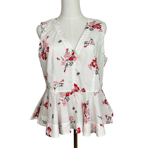Rebecca Taylor Sleeveless White Red Pink Floral Poplin Top Size 8 100% Cotton Chic