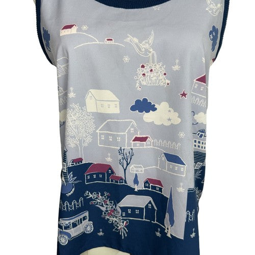 Lyn Around Womens Top Medium Blue-Purple Town Graphic Print Wearable Art Casual