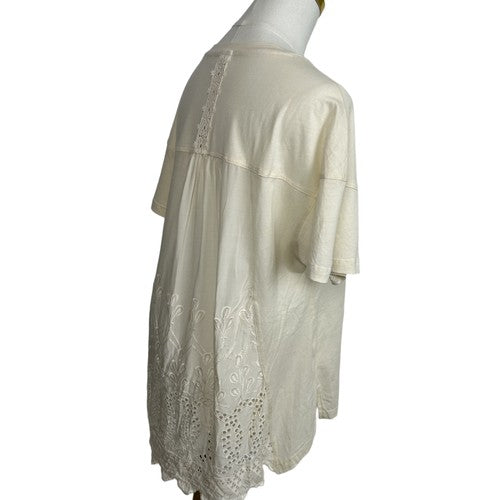 Tiny Anthropologie Blouse Womens Medium Beige Embroidered Lace Detail Short Sleeve Boho Chic