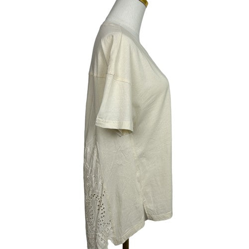 Tiny Anthropologie Blouse Womens Medium Beige Embroidered Lace Detail Short Sleeve Boho Chic