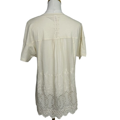 Tiny Anthropologie Blouse Womens Medium Beige Embroidered Lace Detail Short Sleeve Boho Chic