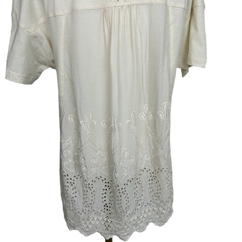 Tiny Anthropologie Blouse Womens Medium Beige Embroidered Lace Detail Short Sleeve Boho Chic