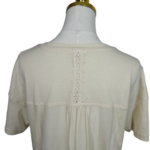 Tiny Anthropologie Blouse Womens Medium Beige Embroidered Lace Detail Short Sleeve Boho Chic