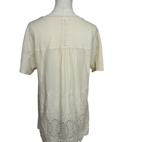 Tiny Anthropologie Blouse Womens Medium Beige Embroidered Lace Detail Short Sleeve Boho Chic