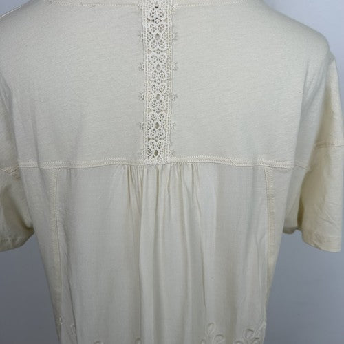 Tiny Anthropologie Blouse Womens Medium Beige Embroidered Lace Detail Short Sleeve Boho Chic