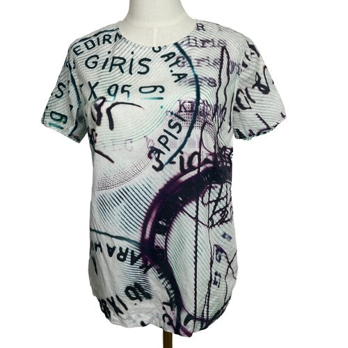 Mary Katrantzou/Current Elliott Blouse Womens Size 2 Green Grafitti Print Retro Artsy
