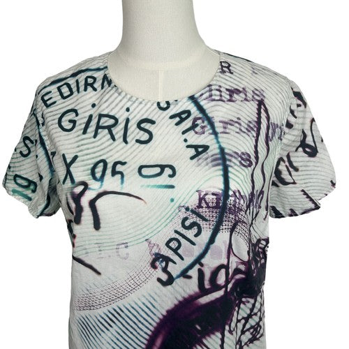 Mary Katrantzou/Current Elliott Blouse Womens Size 2 Green Grafitti Print Retro Artsy