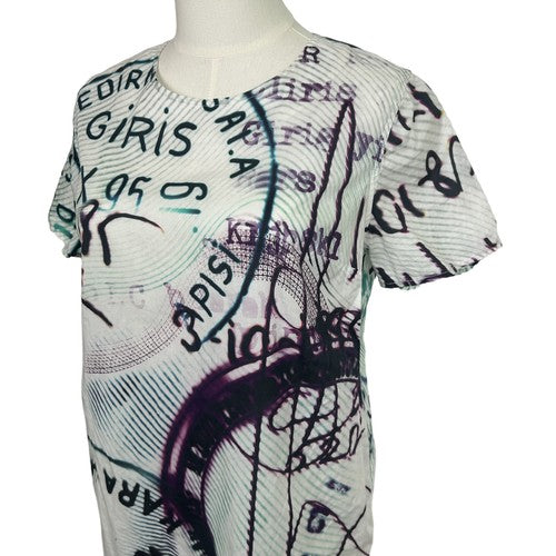 Mary Katrantzou/Current Elliott Blouse Womens Size 2 Green Grafitti Print Retro Artsy