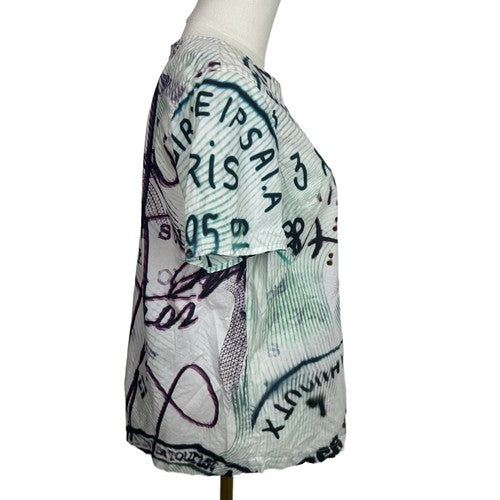 Mary Katrantzou/Current Elliott Blouse Womens Size 2 Green Grafitti Print Retro Artsy