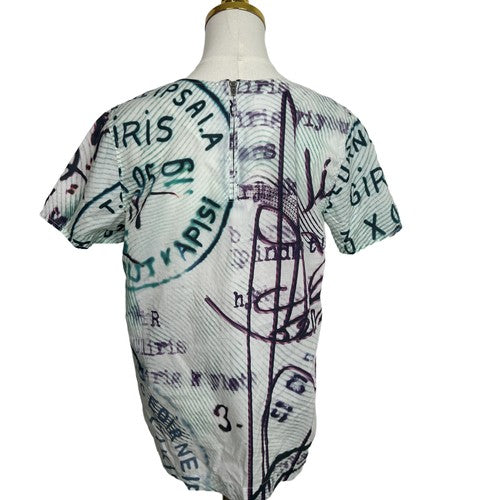 Mary Katrantzou/Current Elliott Blouse Womens Size 2 Green Grafitti Print Retro Artsy