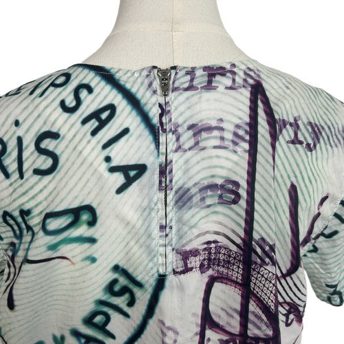 Mary Katrantzou/Current Elliott Blouse Womens Size 2 Green Grafitti Print Retro Artsy