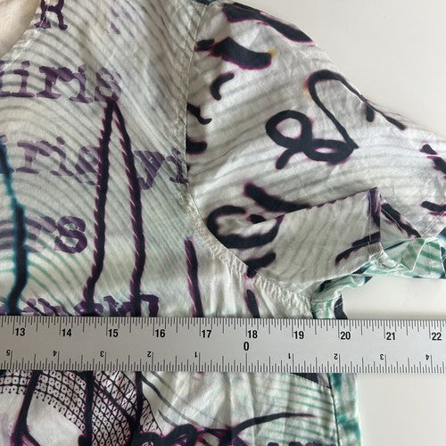 Mary Katrantzou/Current Elliott Blouse Womens Size 2 Green Grafitti Print Retro Artsy