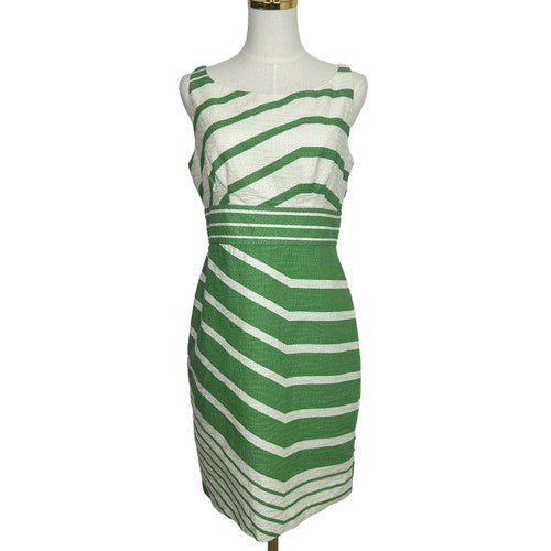 Just Taylor Dress Womens 8 White-Green Striped Sleeveless Fitted Waist A-Line