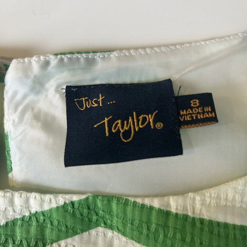 Just Taylor Dress Womens 8 White-Green Striped Sleeveless Fitted Waist A-Line