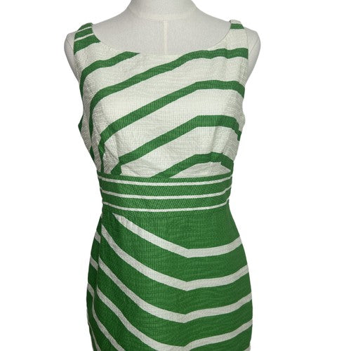 Just Taylor Dress Womens 8 White-Green Striped Sleeveless Fitted Waist A-Line