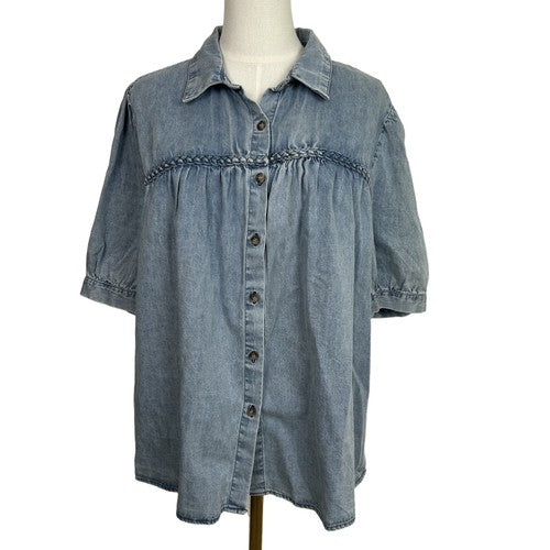 Jane + Delancey Shirt Womens XL Blue Denim Button Down Short Sleeve Western Retro