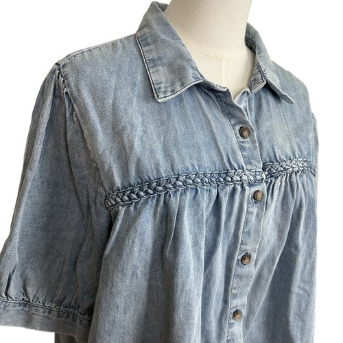 Jane + Delancey Shirt Womens XL Blue Denim Button Down Short Sleeve Western Retro