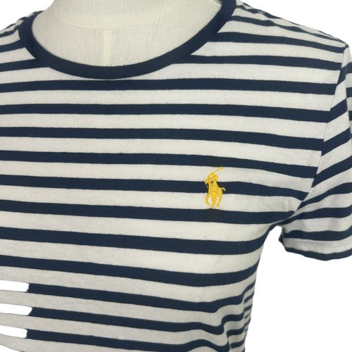 Ralph Lauren Sport TShirt Womens Sz M Striped White-Navy Logo Nautical Casual