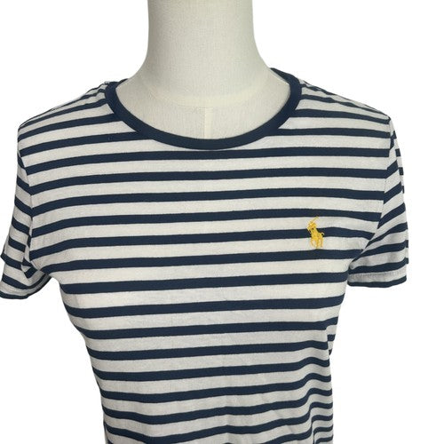 Ralph Lauren Sport TShirt Womens Sz M Striped White-Navy Logo Nautical Casual