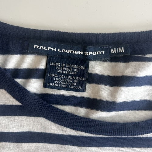 Ralph Lauren Sport TShirt Womens Sz M Striped White-Navy Logo Nautical Casual