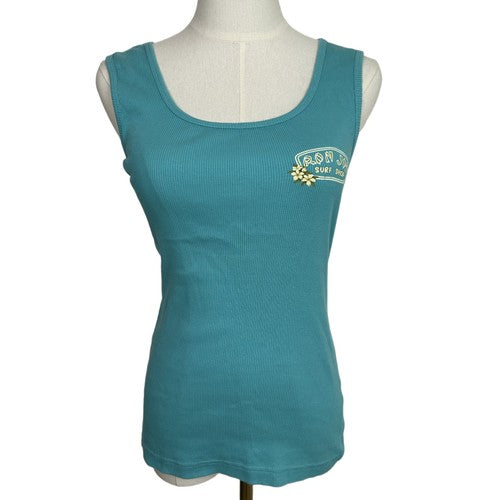 Ron Jon Surf Shop Tank Top Womens Medium Teal Ribbed Beachy CasualCoastal Sunset