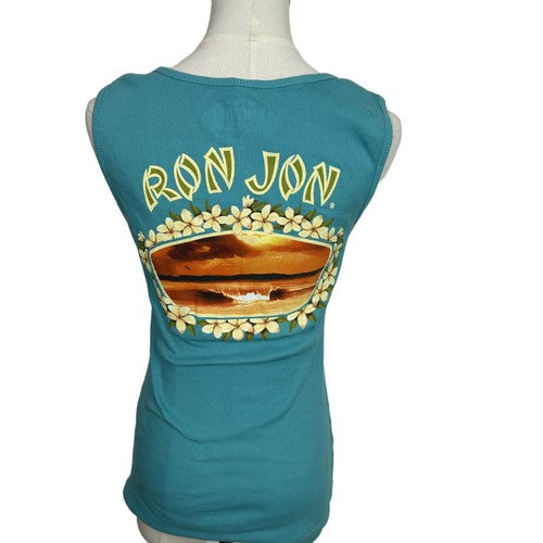 Ron Jon Surf Shop Tank Top Womens Medium Teal Ribbed Beachy CasualCoastal Sunset