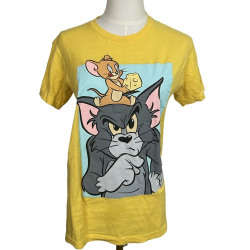 Tom & Jerry TShirt Women Small Yellow Cartoon Graphic Classic Crewneck Retro Fun