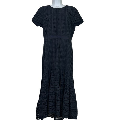 Banana Republic Maxi Dress Womens 12 Navy Blue Eyelet Tiered Cotton Cottagecore