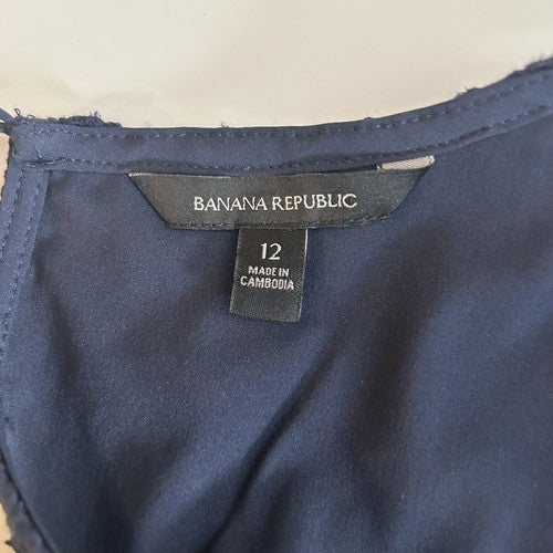 Banana Republic Maxi Dress Womens 12 Navy Blue Eyelet Tiered Cotton Cottagecore