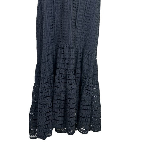 Banana Republic Maxi Dress Womens 12 Navy Blue Eyelet Tiered Cotton Cottagecore
